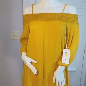 Purple Snow Mustard Yellow Spaghetti Strap Off Shoulder Mini Dress Blouse Size S